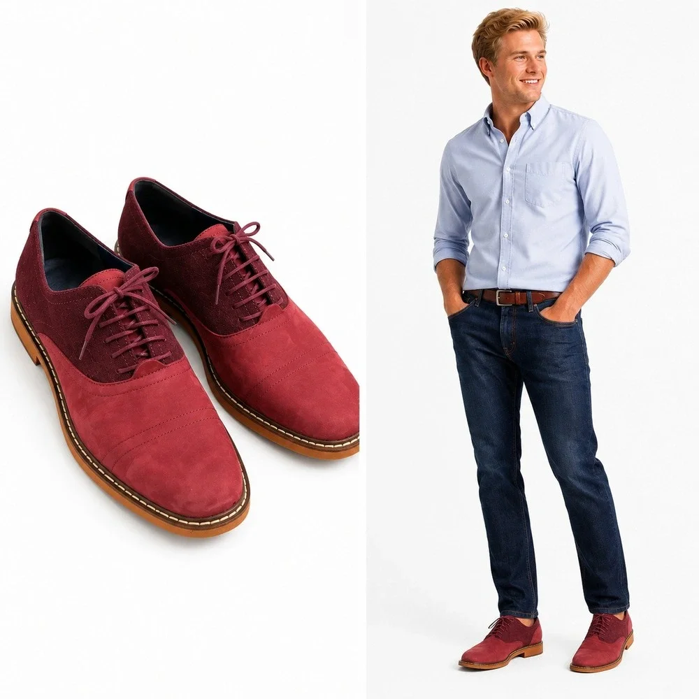 Cole Haan Nike Air‎ Mens 9.5 Maroon Suede 2 Tone Leather Oxford Lace Up Shoes